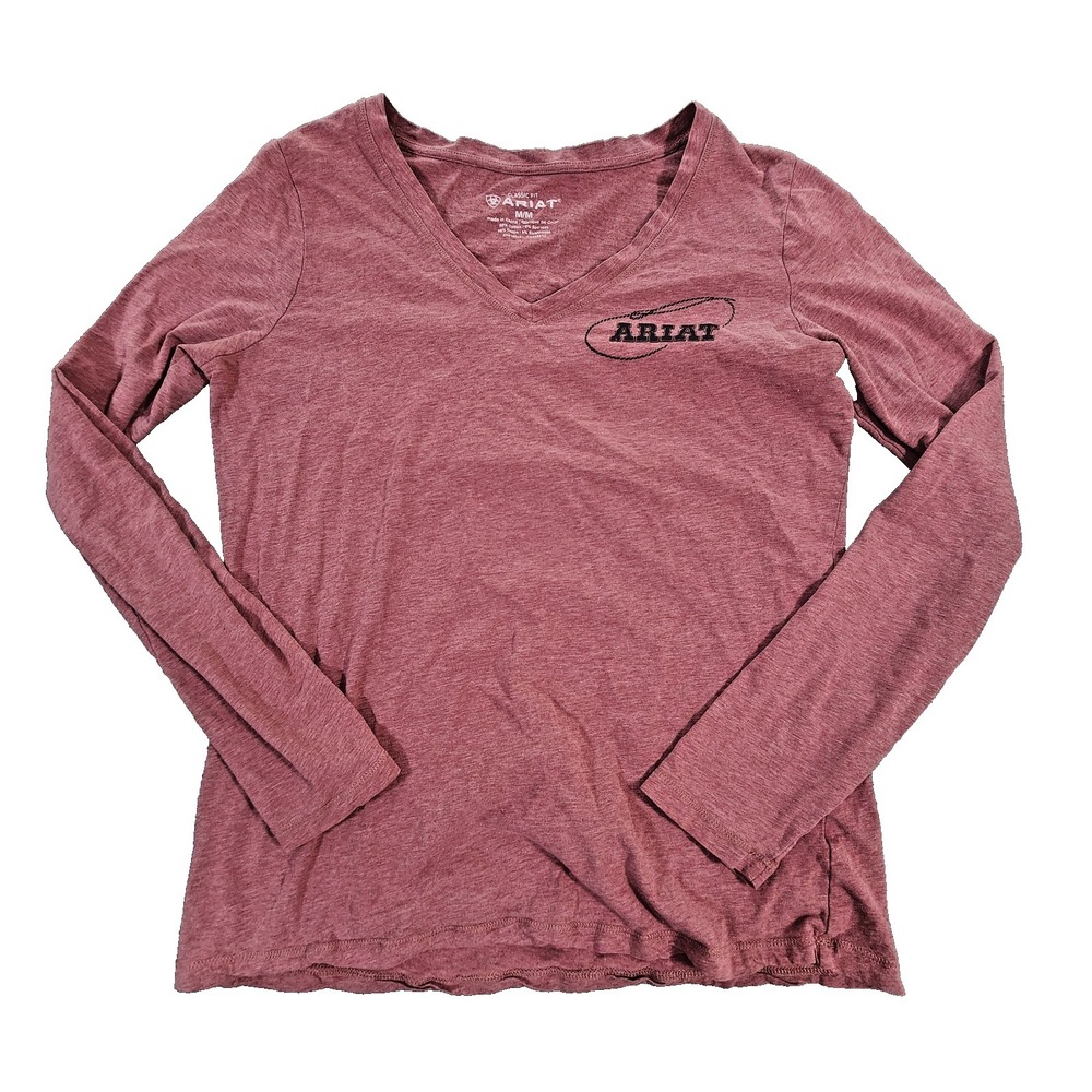 Ariat Womens V-Neck Long Sleeve Graphic Tee Heather Pink Cowgirl Size‎ M